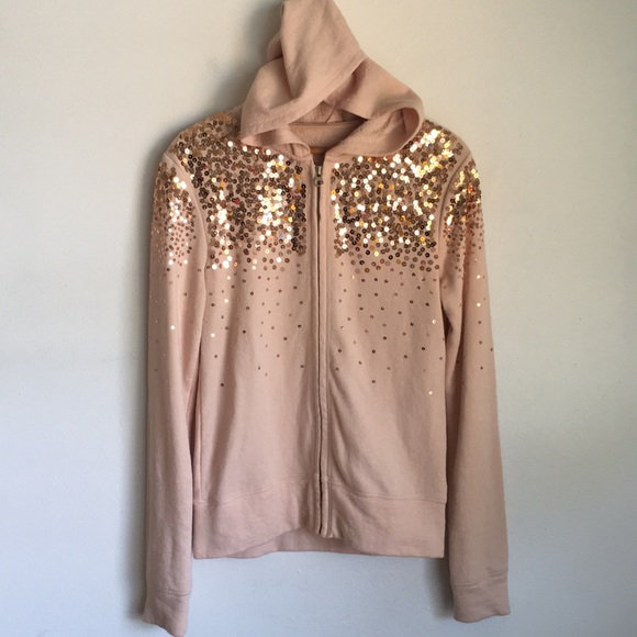 Jackets & Blazers | Pink Rose Gold Glitter Sequins Hooded Jacket M L ... Pink Rose Gold Glitter Sequins Hooded Jacket M L